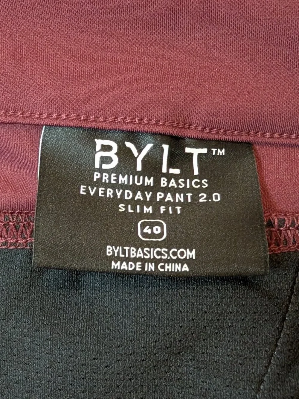 BYLT Men's 40 Waist Premium Basics Everyday Pants 2.0 Slim Fit, Maroon, Like New